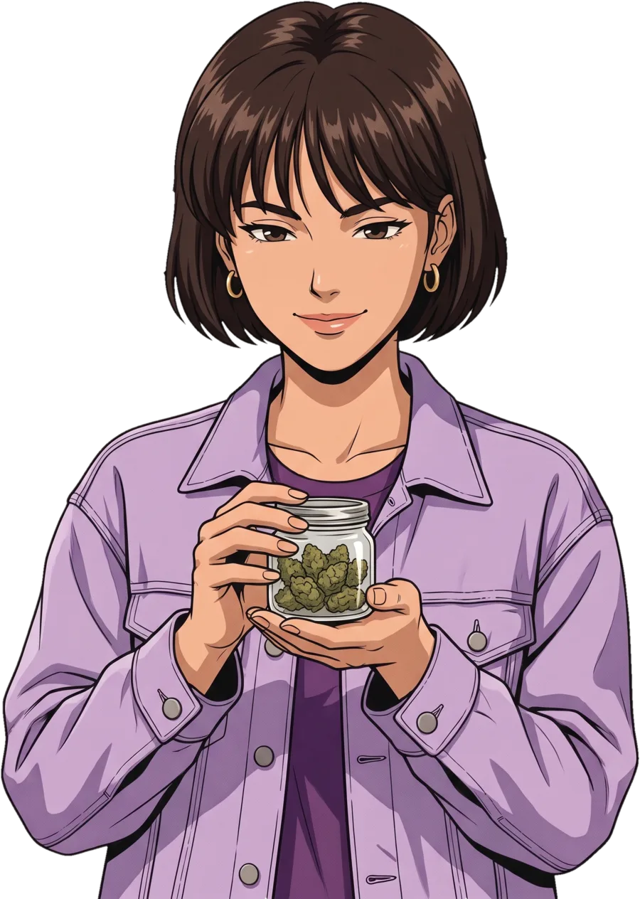 Mary holding a small glass jar of flower.