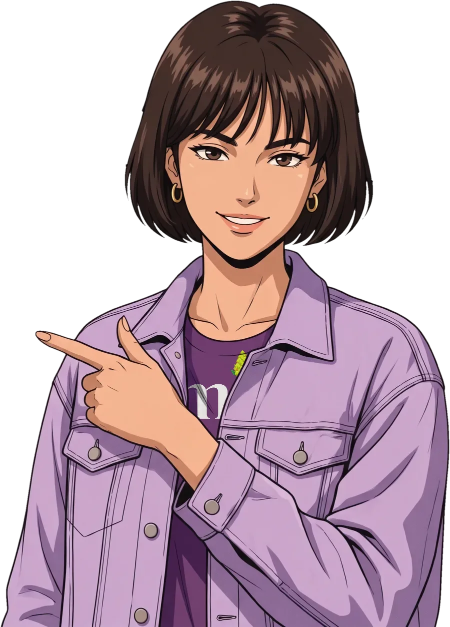 Mary, the drawn guide of Mary Jane Knows, pointing to the beta.